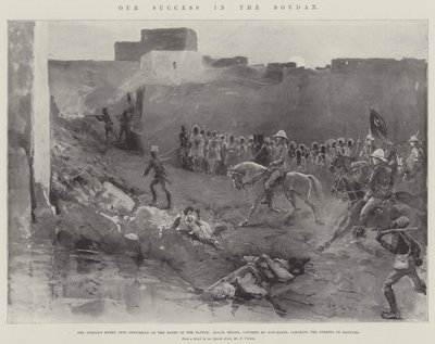 Ons succes in de Soedan, de intocht van de Sirdar in Omdurman op de avond van de slag, zwarte troepen, gedekt door kanonneerboten, ruimen de straten van Baggara door Henry Charles Seppings Wright